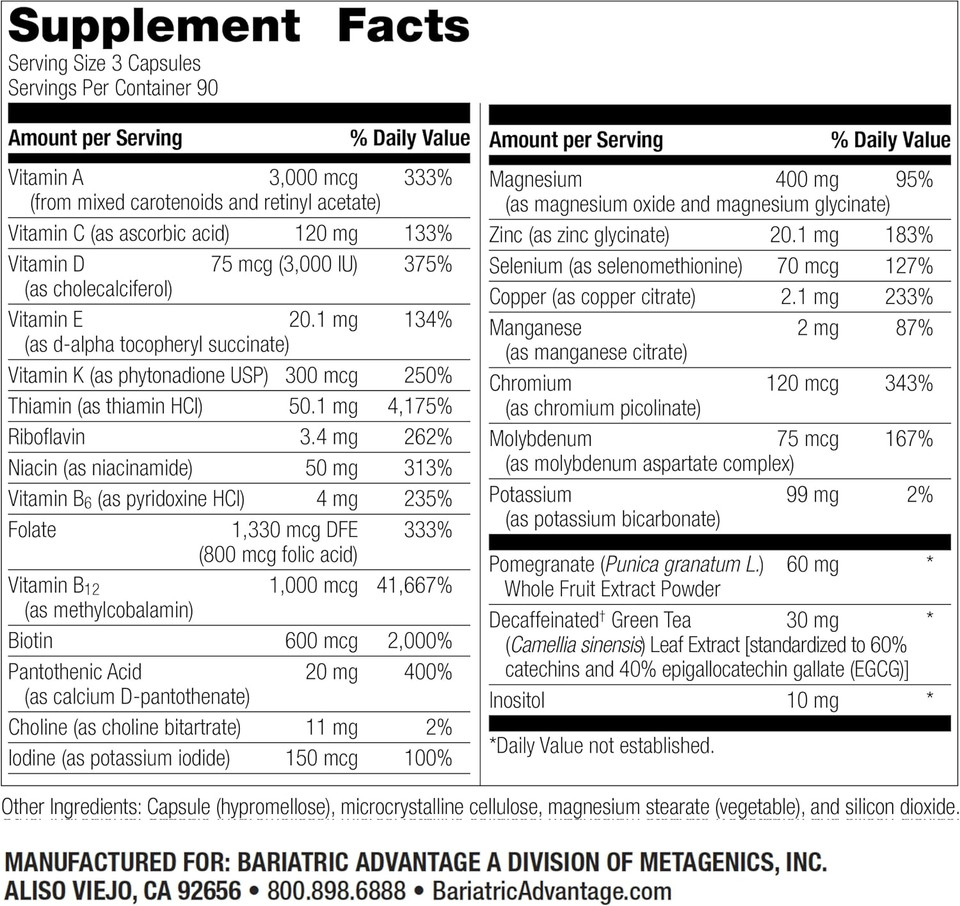 Bariatric Advantage Ultra Multi Without Iron, High Potency Daily Multivitamin For Bariatric Surgery Patients With 22 Essential Vitamins And Nutrients - 90 Capsules, 30 Servings
