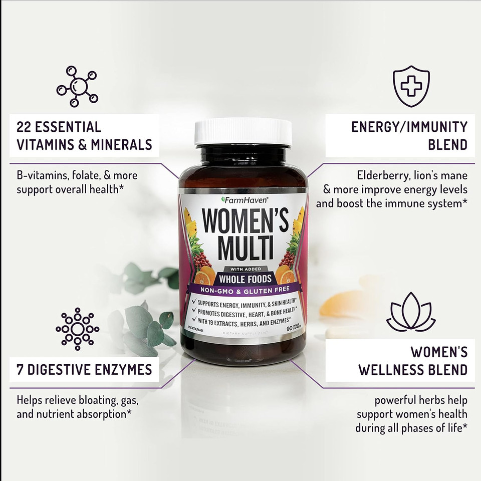 Farmhaven Womens Multivitamin - Whole Food Daily Multi Supplement With B Vitamins, D3, Folate, Enzymes, Zinc & Minerals - Boosts Energy, Immune, Heart Health - Non-Gmo, Vegetarian - 90 Capsules