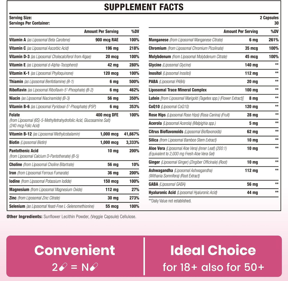 Liposomal Multivitamin For Women 1400Mg - Womens Daily Multi Vitamins Supplements With Iron, Vitamin A, C, D, E And B Complex For Immune Health, Hair & Skin Support For Women 18+120 Vegan Capsules