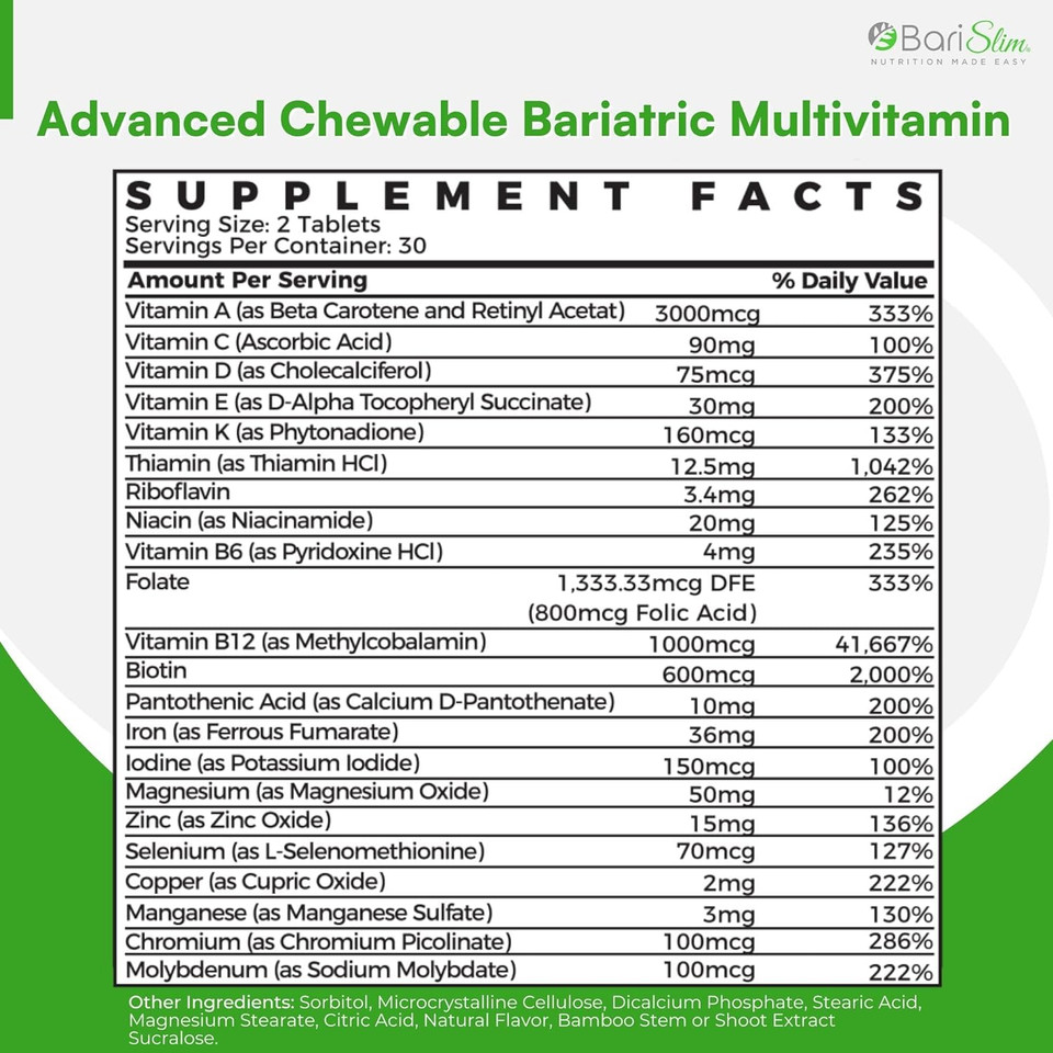 Advanced Chewable Bariatric Multivitamin Tablets - Bariatric Vitamin And Supplement For Post Bariatric Surgery Including Gastric Bypass & Gastric Sleeve | Mixed Berry (60 Count)