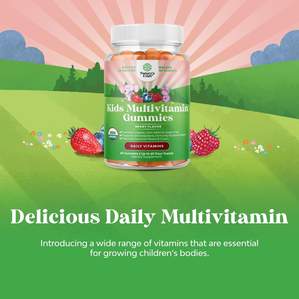 Usda Organic Kids Multivitamin Gummies - Vegan Organic Multivitamin For Kids 2+ With 14 Essential Vitamins And Minerals - Daily Kids Gummy Multivitamins - Vegan Nut Free & Non-Gmo (60 Count)