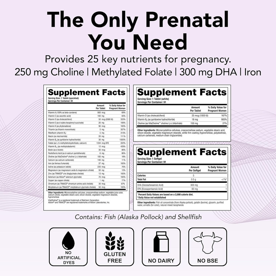 Theralogix Theranatal Complete Prenatal Vitamin Supplement - 91-Day Supply - With Dha, Vitamin D3, Folate, Iodine, Choline, Iron, Vitamin B6 & More - Nsf Certified - 182 Tablets & 91 Softgels