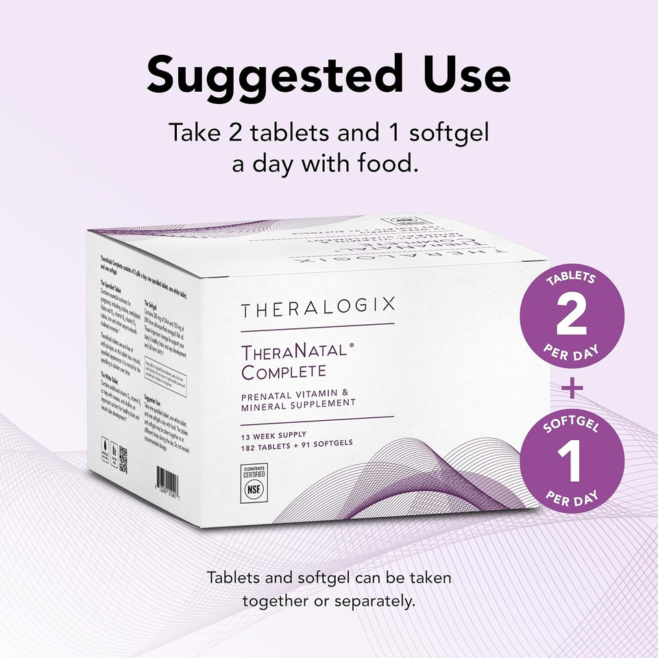 Theralogix Theranatal Complete Prenatal Vitamin Supplement - 91-Day Supply - With Dha, Vitamin D3, Folate, Iodine, Choline, Iron, Vitamin B6 & More - Nsf Certified - 182 Tablets & 91 Softgels