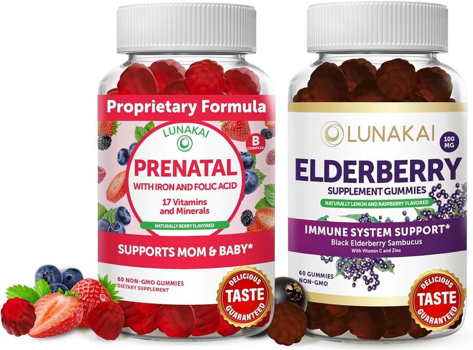 Prenatal And Elderberry Gummies Bundle - Non-Gmo, Gluten Free, No Corn Syrup, All Natural Supplements- 60 Ct Prenatal Gummies And 60 Ct Elderberry Gummies - 30 Days Supply