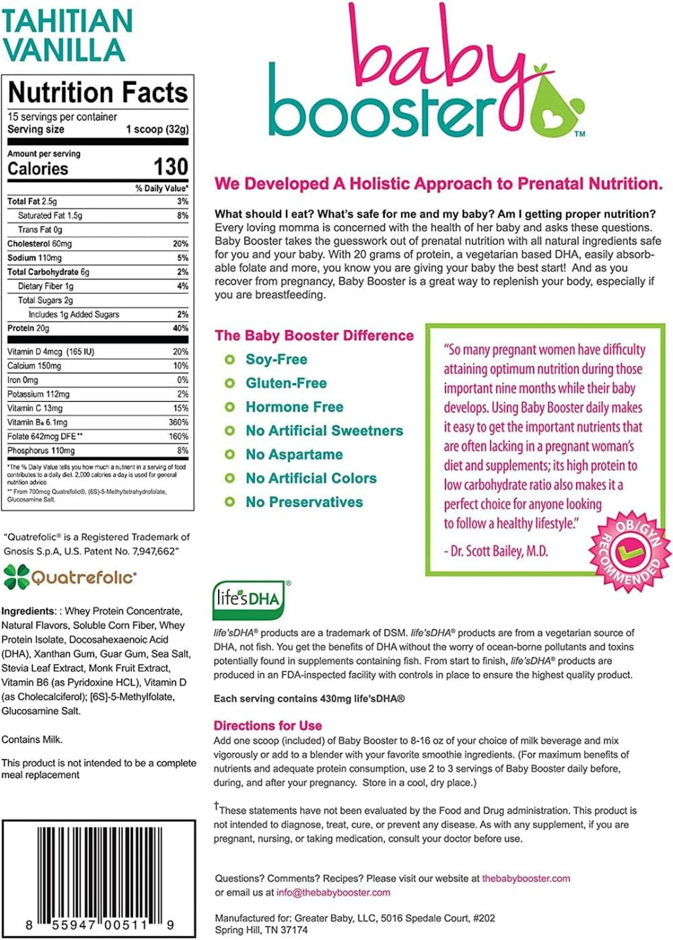 Baby Booster Tahitian Vanilla Prenatal Vitamin Supplement And Protein Shake, Caffeine Free, All Natural, Vegetarian Dha, High Protein, Methyl Folate, B Vitamins, Great For Morning Sickness, 1 Lb