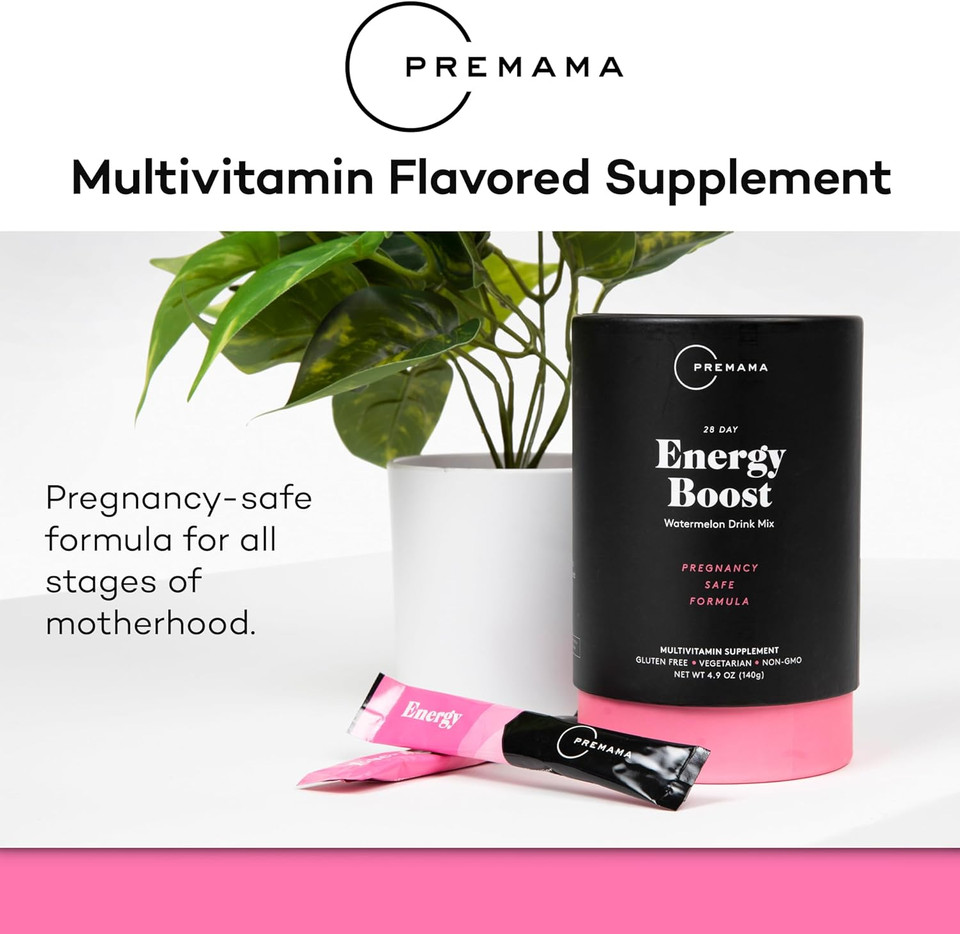 Premama Energy Boost For All Pregnancy Stages, Caffeine-Free, Stimulant-Free Energy, Gluten-Free, Vegetarian, Watermelon Flavor, 28 Single Serve Packets