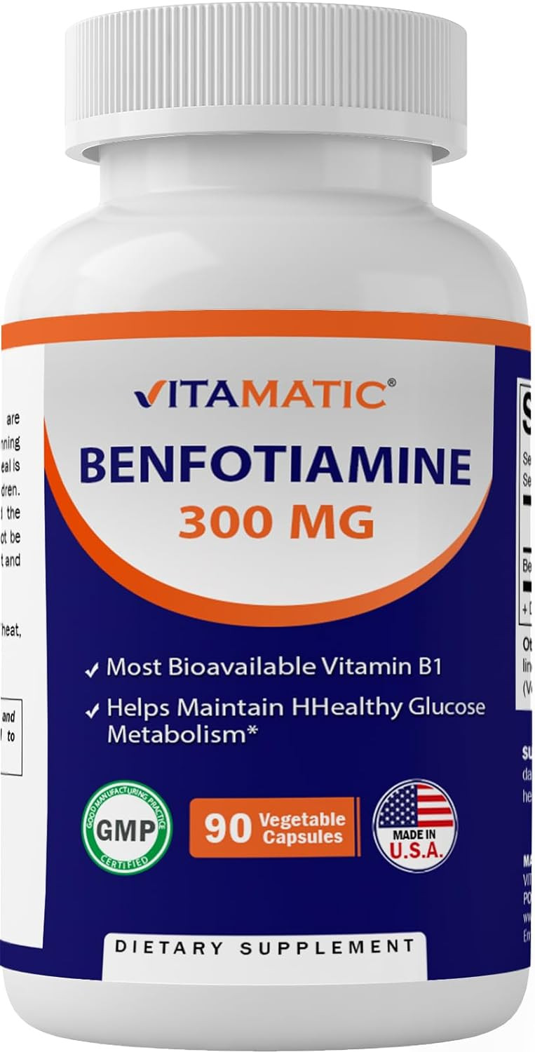 Vitamatic Benfotiamine 300 Mg 90 Vegetarian Capsules - Also Called Fat Soluble Vitamin B1 (90 Count (Pack Of 1)) (1 Bottle)
