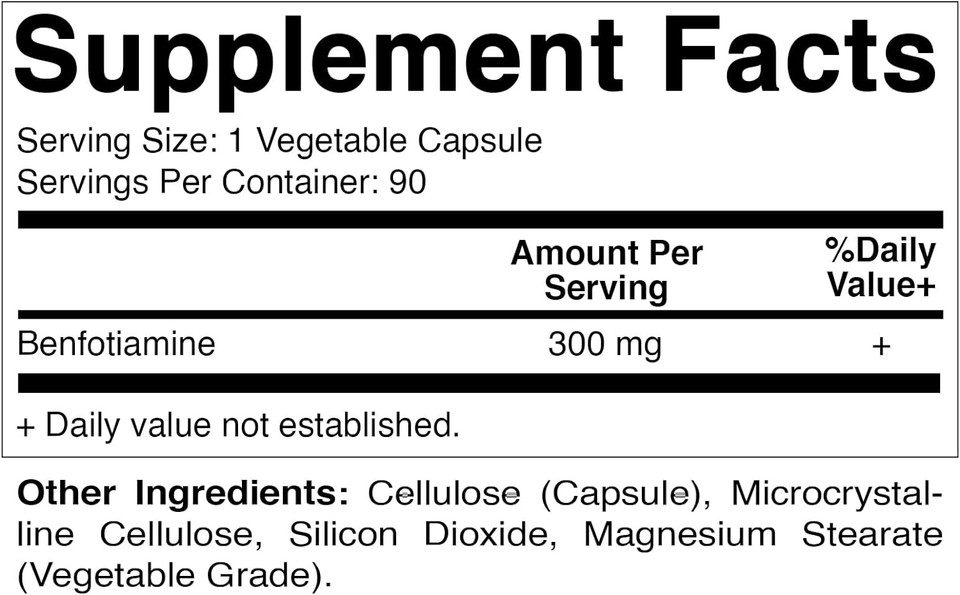 Vitamatic Benfotiamine 300 Mg 90 Vegetarian Capsules - Also Called Fat Soluble Vitamin B1 (90 Count (Pack Of 1)) (1 Bottle)