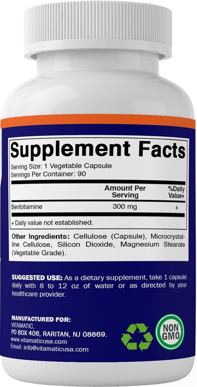 Vitamatic Benfotiamine 300 Mg 90 Vegetarian Capsules - Also Called Fat Soluble Vitamin B1 (90 Count (Pack Of 1)) (1 Bottle)
