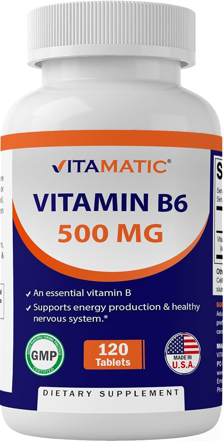 Vitamatic Vitamin B6 (Pyridoxine Hci), 500 Mg 120 Vegetarian Tablets - Promotes Energy Production, Boosts Metabolism And Immune Health Support