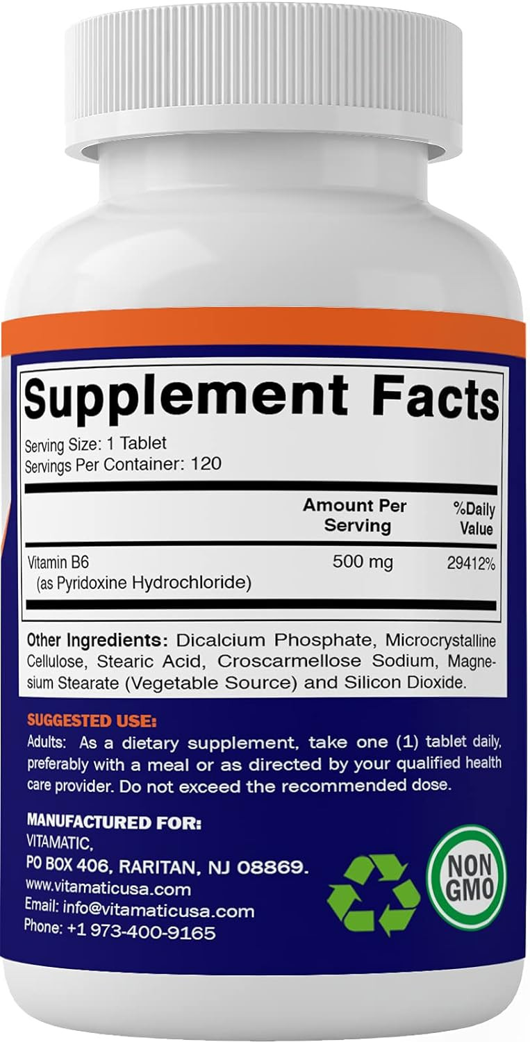 Vitamatic Vitamin B6 (Pyridoxine Hci), 500 Mg 120 Vegetarian Tablets - Promotes Energy Production, Boosts Metabolism And Immune Health Support