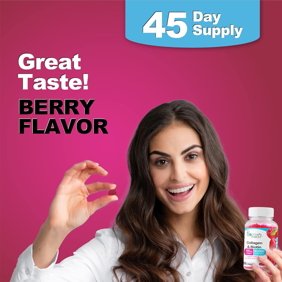 Collagen And Biotin 10000Mcg Gummies, Vegan, Gmo-Free, Gluten Free, Natural Raspberry Flavor Gummy Vitamins, For Hair Growth, Hair Skin And Nails Dietary Supplement, 90 Gummies