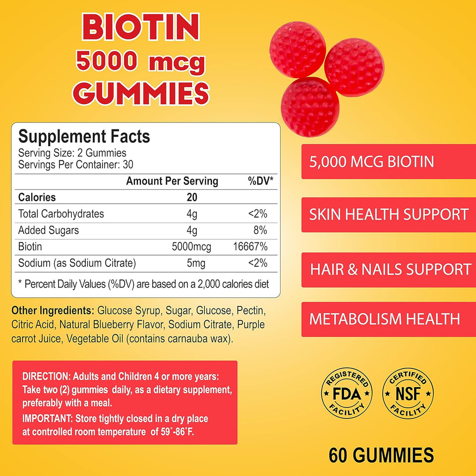 Alfa Vitamins Biotin Skin, Hair, & Nails Gummies With 5000Mcg - Promotes Natural Collagen, Supports Healthy Hair And Nails Growth - 60 Gummies