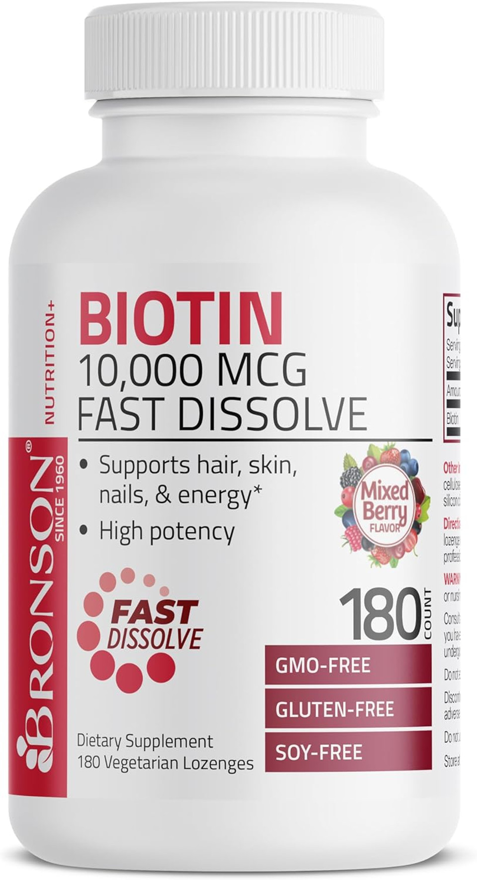 Bronson Biotin 10,000 Mcg Lozenges Fast Dissolve High Potency Supports Hair, Skin & Nails Mixed Berry Flavor - Non-Gmo, 180 Vegetarian Lozenges