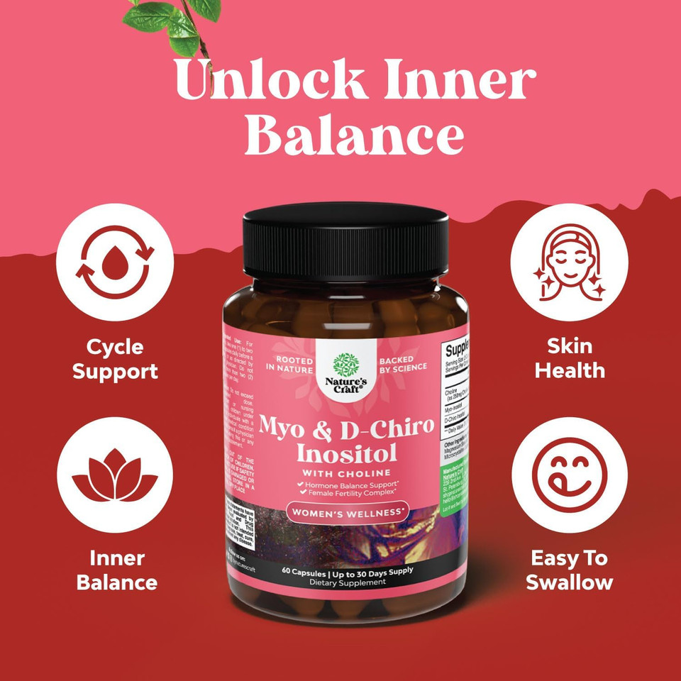 Myo-Inositol & D-Chiro Inositol Capsules - Choline Inositol Supplement For Cycle And Fertility Support - Womens Hormone Balance Supplement With Myo & D-Chiro Inositol Plus Choline Bitartrate