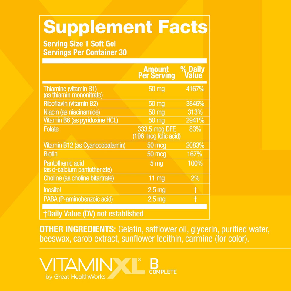 Vitaminxl B Complete Is A Full Spectrum B Complex Made With B1, B5, B6, B12, Biotin, Niacin, Riboflavin, And Folate, Also With Choline And Inositol (30 Soft Gels, 30 Servings)