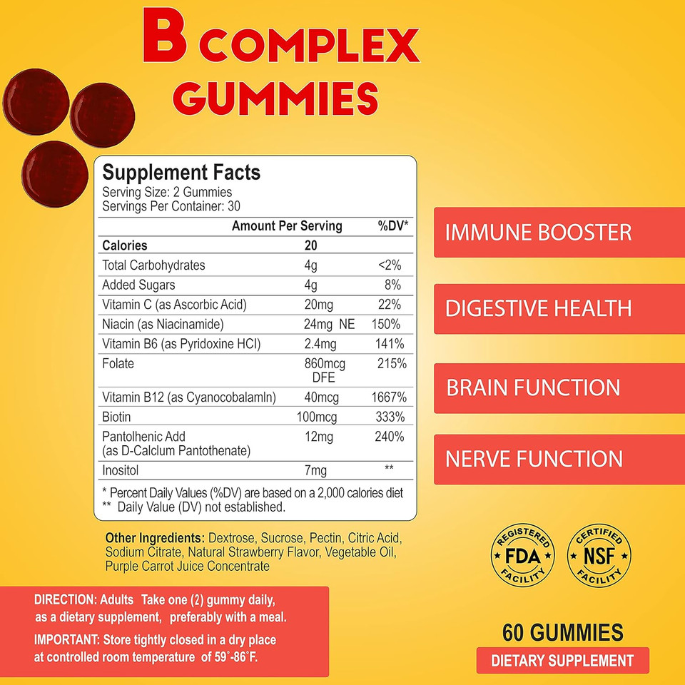 Alfa Vitamins Vitamin B Complex Gummies With Vitamin B12, B7 As Biotin, B6, B3 As Niacin, B5, B6, B8, B9 As Folate For Stress, Energy, Nerve Function And Healthy Immune System - 60 Gummies