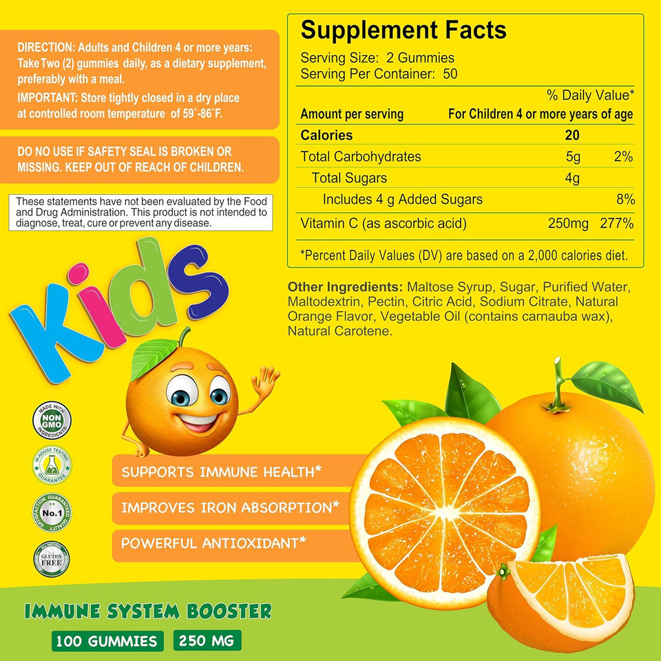 Alfa Vitamins Vitamin C Gummies For Kids With 250Mg, Immune System Support, Daily Antioxidant For Kids, Natural Orange Flavor - 100 Gummies
