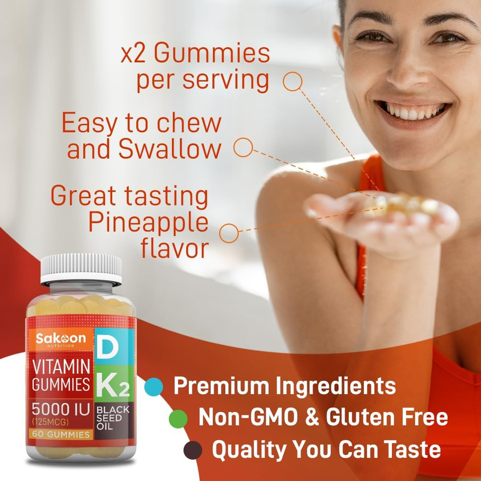 Sakoon Nutrition 5000 Iu Vitamin D3 K2 Vitamin Supplement With Black Seed Oil For Bone, Teeth, Muscle, And Immune Defense Support, Non-Gmo And Gluten Free, 60 Gummy Chewables