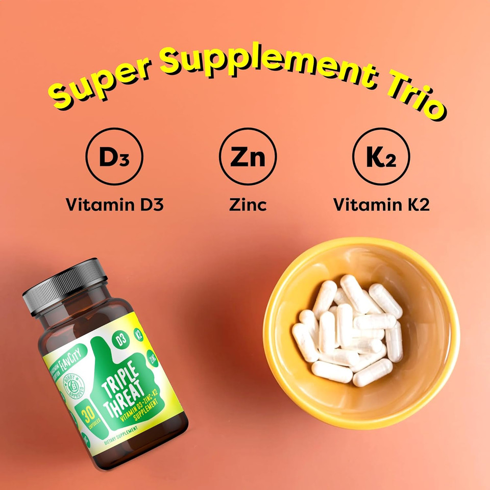 Flavcity Vitamin D Supplement, Triple Threat - 3-In-1 Dietary Supplement For Immune Support - Made With Vitamin D3, Zinc & Vitamin K2 For Maximum Absorption - 30 Capsules