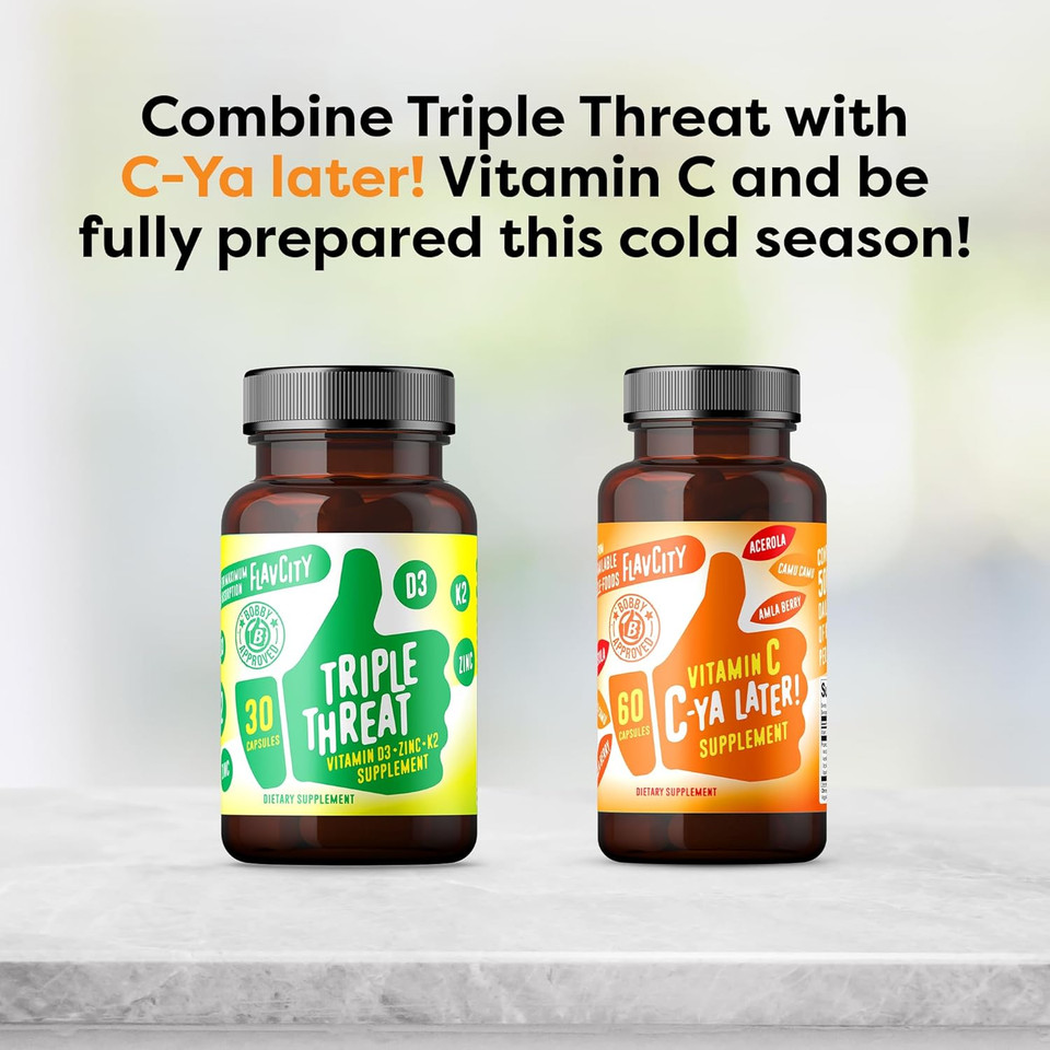 Flavcity Vitamin D Supplement, Triple Threat - 3-In-1 Dietary Supplement For Immune Support - Made With Vitamin D3, Zinc & Vitamin K2 For Maximum Absorption - 30 Capsules