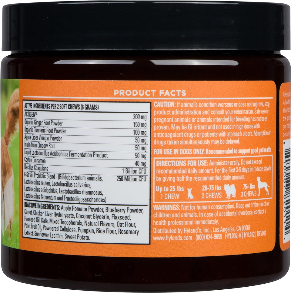 Hyland'S Naturals - Probiotics For Dogs - Total Gut Health, 90 Soft Chews, With Actigen Prebiotic & Organic Ginger Root, Bacon Flavor