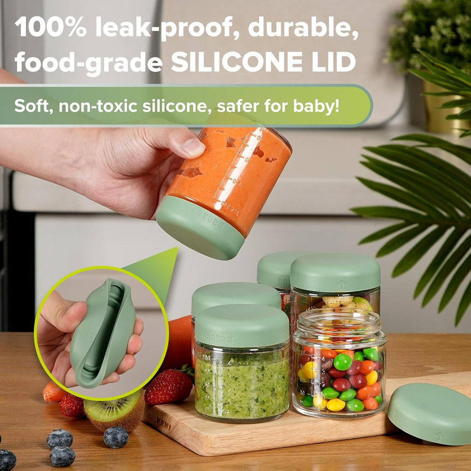 Haakaa Reusable Glass Baby Food Storage Jars With Silicone Lids  6Pc 4 X 4Oz + 2 X 7Oz, Premium Lab-Quality Borosilicate Glass, Plastic-Free, Freezer, Microwave & Ovensafe