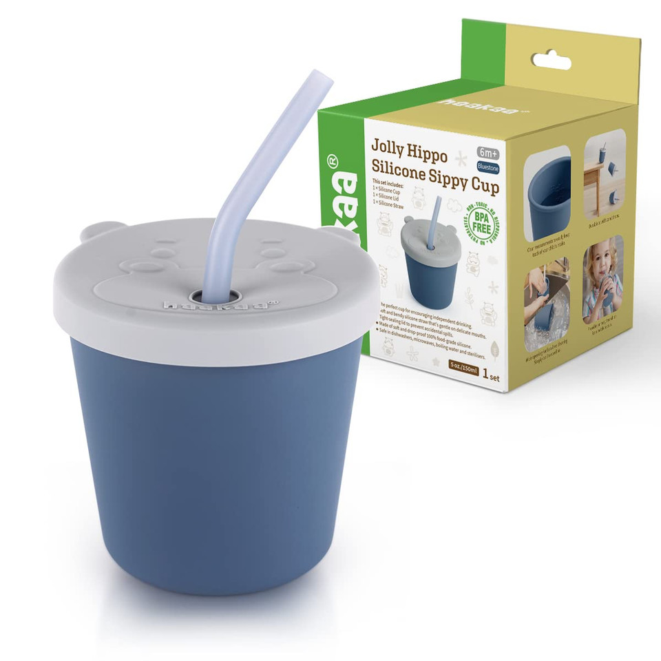 Haakaa Jolly Hippo Baby Straw Cup, Food Grade Silicone Baby Training Sippy Cups For Infant 6+ Months, Bpa Free First Open Cup&Snack Container For Toddlers, 5Oz (Bluestone)
