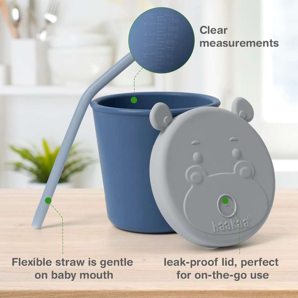 Haakaa Jolly Hippo Baby Straw Cup, Food Grade Silicone Baby Training Sippy Cups For Infant 6+ Months, Bpa Free First Open Cup&Snack Container For Toddlers, 5Oz (Bluestone)