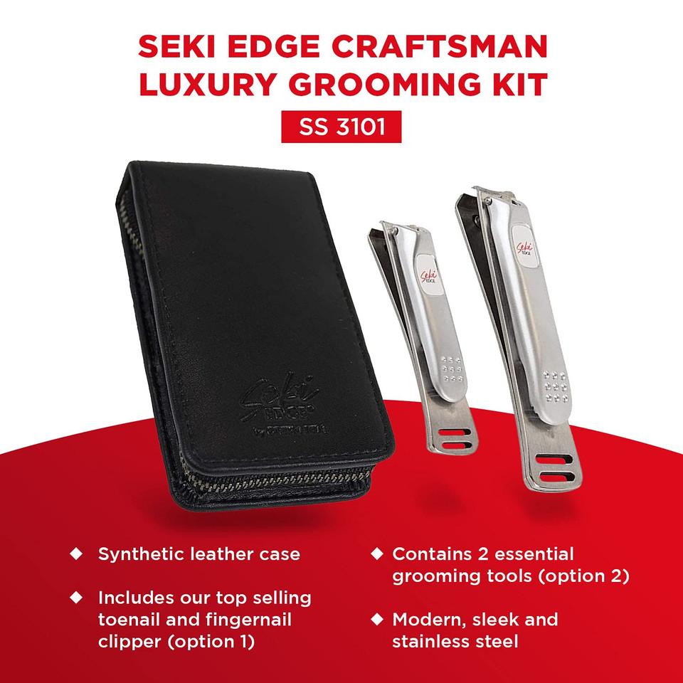 Seki Edge Craftsman Luxury 2-Piece Grooming Kit (SS-3101) - 2 Piece Luxury Premium Nail Clipper Set Includes Pair of Stainless Steel Fingernail Clippers & Toenail Clippers in Synthetic Leather Case