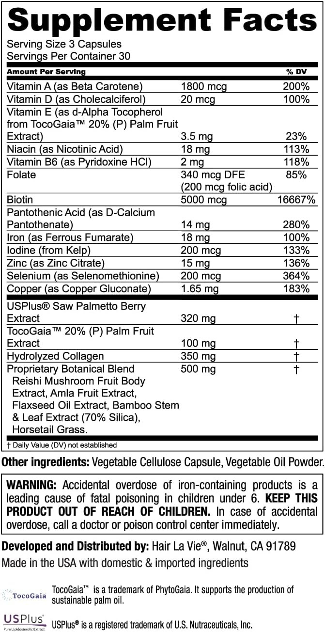 Hair La Vie Clinical Formula Hair Growth Vitamins For Women And Men With Biotin 5000Mcg, Collagen, And Saw Palmetto - Healthy Hair Growth Supplement Within Normal Ranges 90 Count (Pack Of 1)