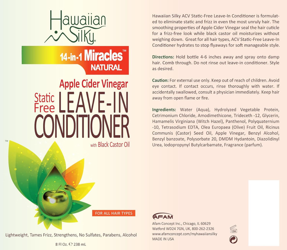 Hawaiian Silky Static-Free Apple Cider Vinegar Leave-In Conditioner, 8 Fl Oz - Black Castor Oil Extract For Hair Growth - Natural Treatment Men, Women & Kids - Good On Color Treated Scalp