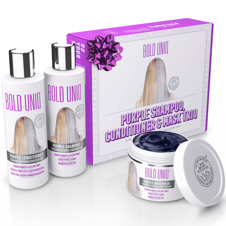 Purple Shampoo, Conditioner & Mask Trio Gift Set. Removes Brassy Yellow Tones. Lightens Blonde, Platinum, Ash, Silver & Grays. Paraben & Sulfate Free. Peta Approved Cruelty-Free And 100% Vegan
