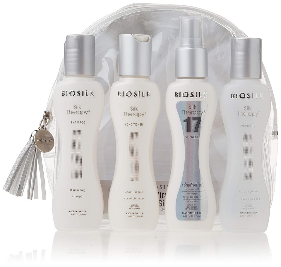 Biosilk The Miracle Of Silk Kit | Contains Silk Therapy Shampoo, Conditioner, Original Leave-In Treatment, Miracle 17 Leave-In Treatment | 2.26 Ounces Each | On The Go Styling Kit |