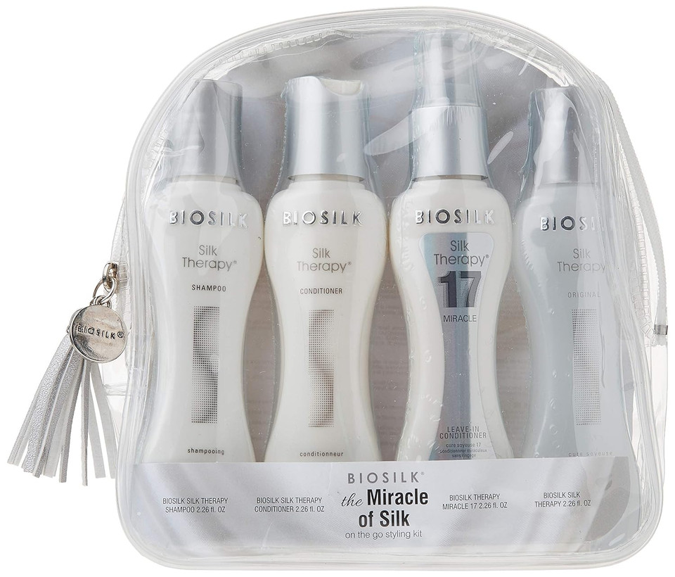 Biosilk The Miracle Of Silk Kit | Contains Silk Therapy Shampoo, Conditioner, Original Leave-In Treatment, Miracle 17 Leave-In Treatment | 2.26 Ounces Each | On The Go Styling Kit |