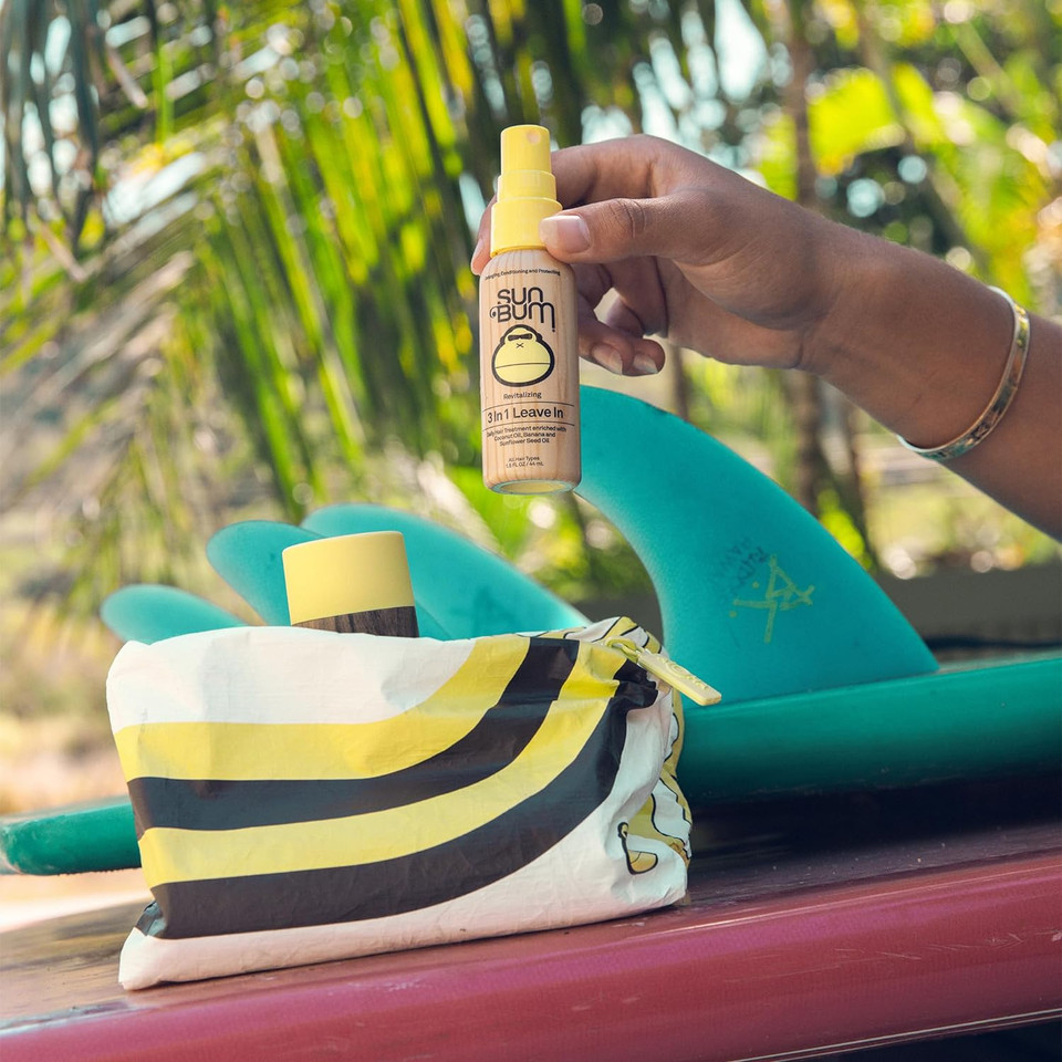 Sun Bum Hair Care Travel Essentials Kit | Revitalize Your Hair With Revitalizing Shampoo, Conditioner, And 3-In-1 Leave In Treatment | Includes Aloha Collection Travel Pouch