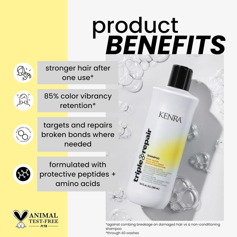 Kenra Triple Repair Shampoo | Targets & Repairs Weak Or Broken Bonds | Split Ends | Damaged Hair | Bond Builder | Sulfate-Free
