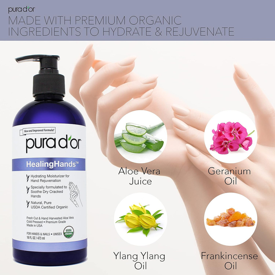 Pura D'Or Healinghands Organic Aloe Vera Gel For Dry Cracked Hands - Moisturizing Skin Advanced Healing Lotion - With Aloe Vera, Vitamin E & Ylang Ylang Oil, For Men & Women, 16Oz