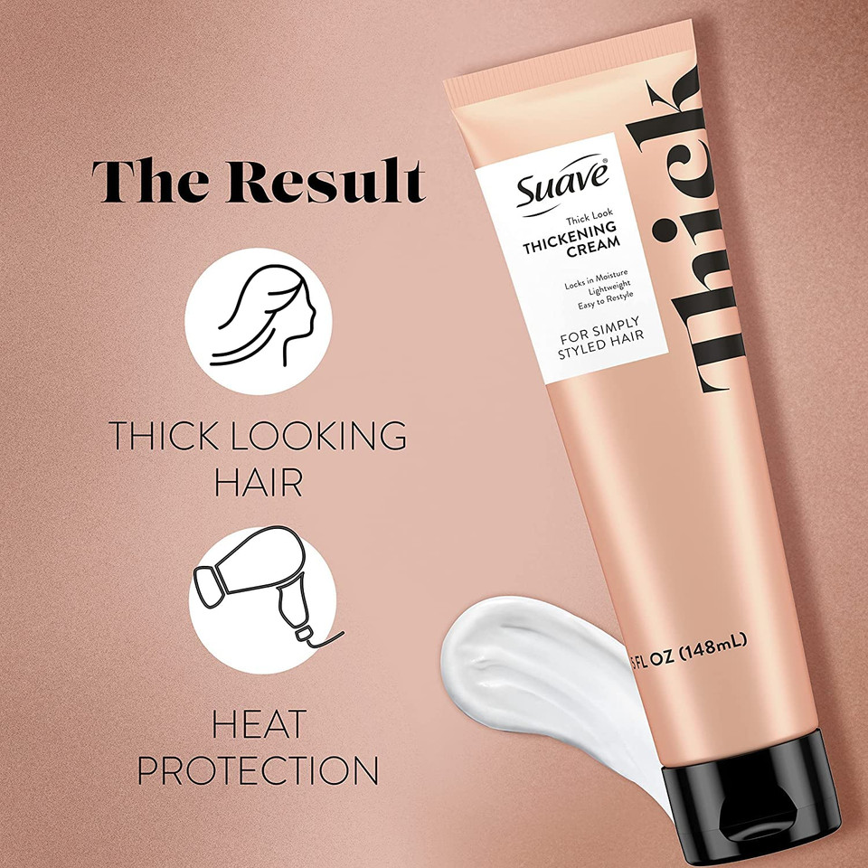 Suave Simply Styled Hair Thickening Cream  Heat Protectant Hair Styling Cream, Lightweight Blow Dry Cream For A Thick Look, 5 Oz (Pack Of 2)