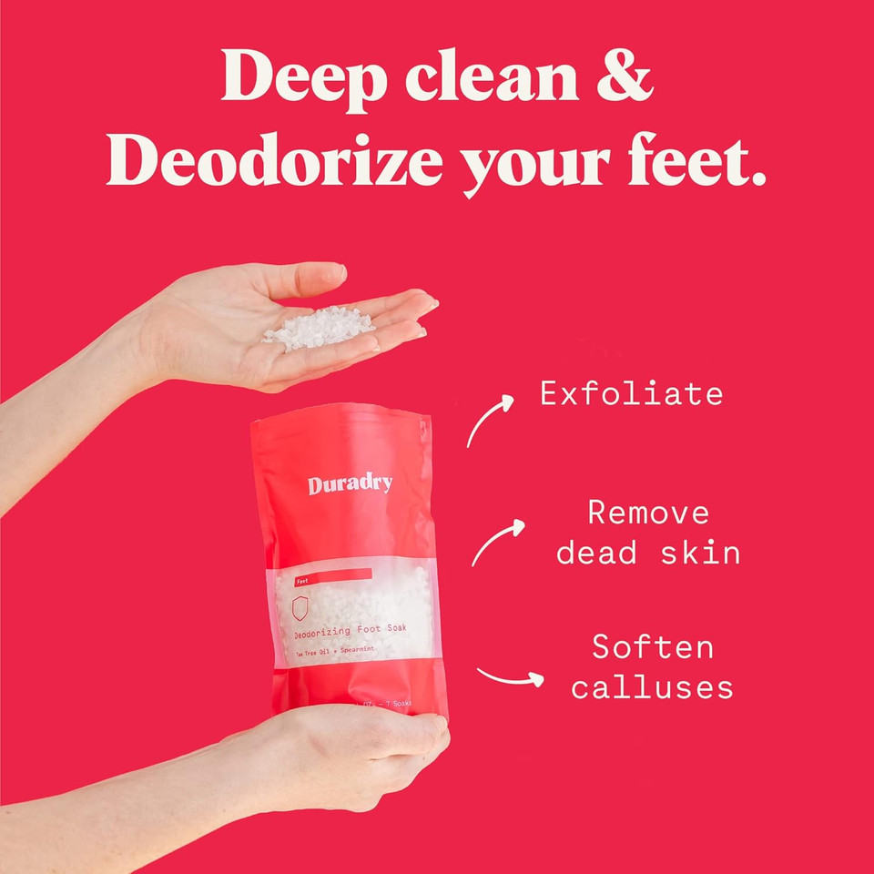 Duradry Foot Soak - Deodorizing Dead Sea Salt For Soaking, All-Natural Foot Bath Salts, Vegan, Cruelty-Free, Colorant-Free, Up To 7 Soaks, Tea Tree Oil & Spearmint Fragrance - 14 Oz
