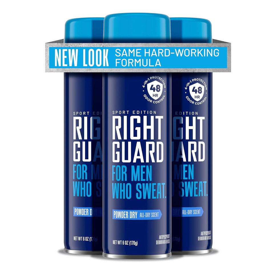 Right Guard Sport Antiperspirant & Deodorant Spray | 4-In-1 Protection Spray Deodorant For Men | Blocks Sweat | 48-Hour Odor Control | Powder Dry Scent, 6 Oz. (3 Count)