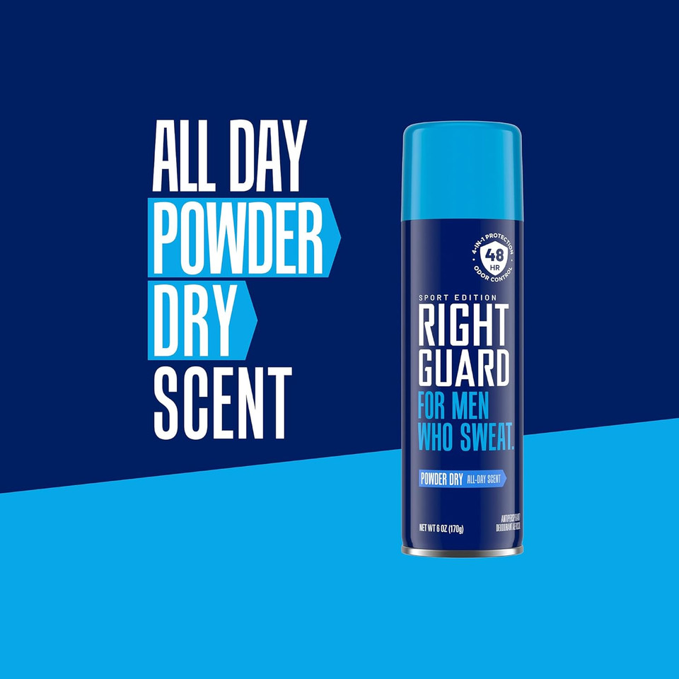 Right Guard Sport Antiperspirant & Deodorant Spray | 4-In-1 Protection Spray Deodorant For Men | Blocks Sweat | 48-Hour Odor Control | Powder Dry Scent, 6 Oz. (3 Count)