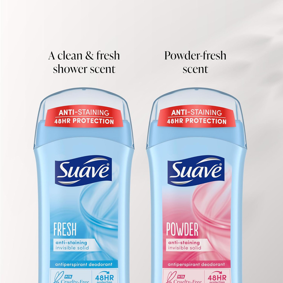 Suave Deodorant Women, Antiperspirant, Powder And Fresh Bundle, 48-Hour Odor & Wetness Protection, With Essential Oils, Anti-Staining, No Baking Soda Bundle 4 X 2.6 Oz