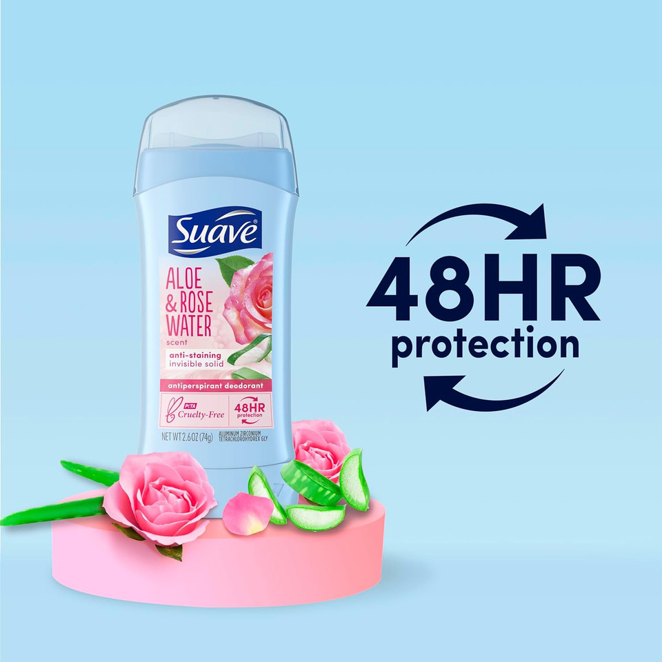 Suave Deodorant For Women, Aloe & Rose Water  Invisible Solid Antiperspirant Deodorant Stick, 48H Protection, Anti-Staining, Cruelty-Free, Scented, 2.6 Oz (Pack Of 2)