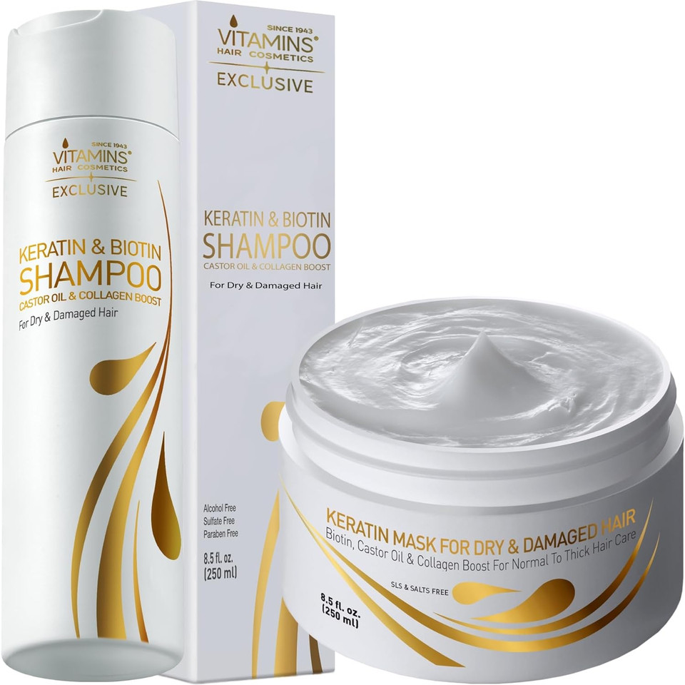Vitamins Keratin Thick Hair Mask And Shampoo Kit - Repair Treatment For Dry Damaged Curly Wavy Or Straight Thick Coarse Hair And Renewing Cleanser For Clean Glowing Blowout Look - Pro Salon Hair Care