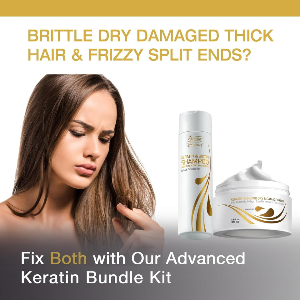 Vitamins Keratin Thick Hair Mask And Shampoo Kit - Repair Treatment For Dry Damaged Curly Wavy Or Straight Thick Coarse Hair And Renewing Cleanser For Clean Glowing Blowout Look - Pro Salon Hair Care