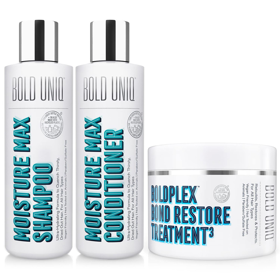 Bold Uniq Boldplex 3 Bond Restore Treatment & Moisturizing Shampoo & Conditioner Bundle. Hydrating & Conditioning, Adds Moisture & Shine. Paraben & Sulfate Free. Vegan & Cruelty Free