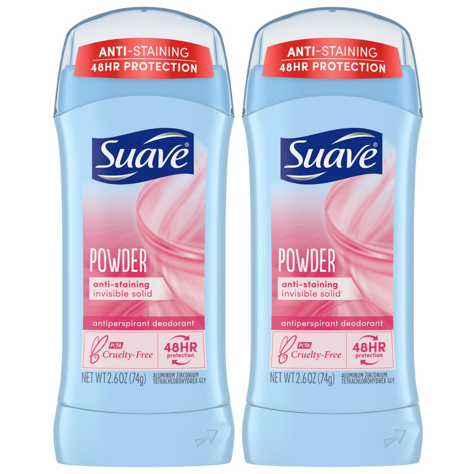 Suave Deodorant For Women, Powder  Invisible Solid Antiperspirant Deodorant Stick, 48H Protection, Anti-Staining, Cruelty-Free, Scented, 2.6 Oz (Pack Of 2)