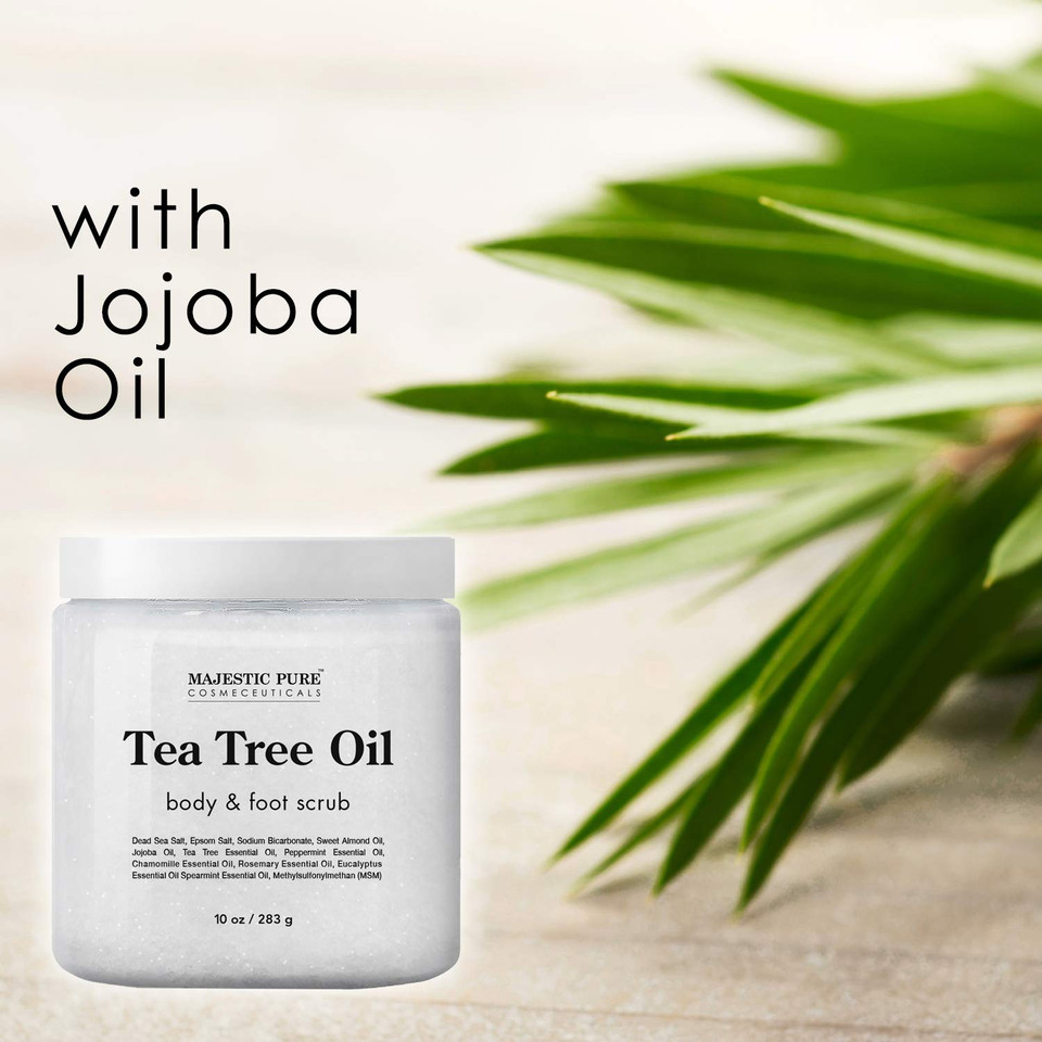 Majestic Pure Tea Tree Oil Body And Foot Scrub - Natural Best Exfoliating Skin Cleanser - Helps With Acne, Callus, Corns, Athletes Foot, Jock Itch, Dry And Dead Skin - Promotes Healthy Foot -10 Oz