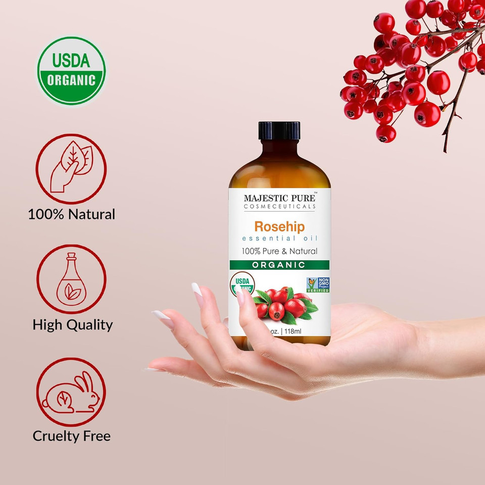 Majestic Pure Organic Rosehip Oil | Usda Organic Oil Rose Hip For Face, Skin, Hair & Massage | Acne Scars & Facial Oil | For Women & Men | 4Fl Oz